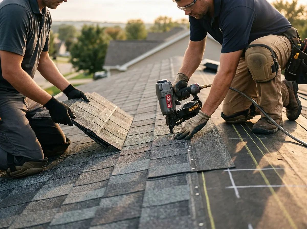 Professional roofer working on a residential roof in Holly
